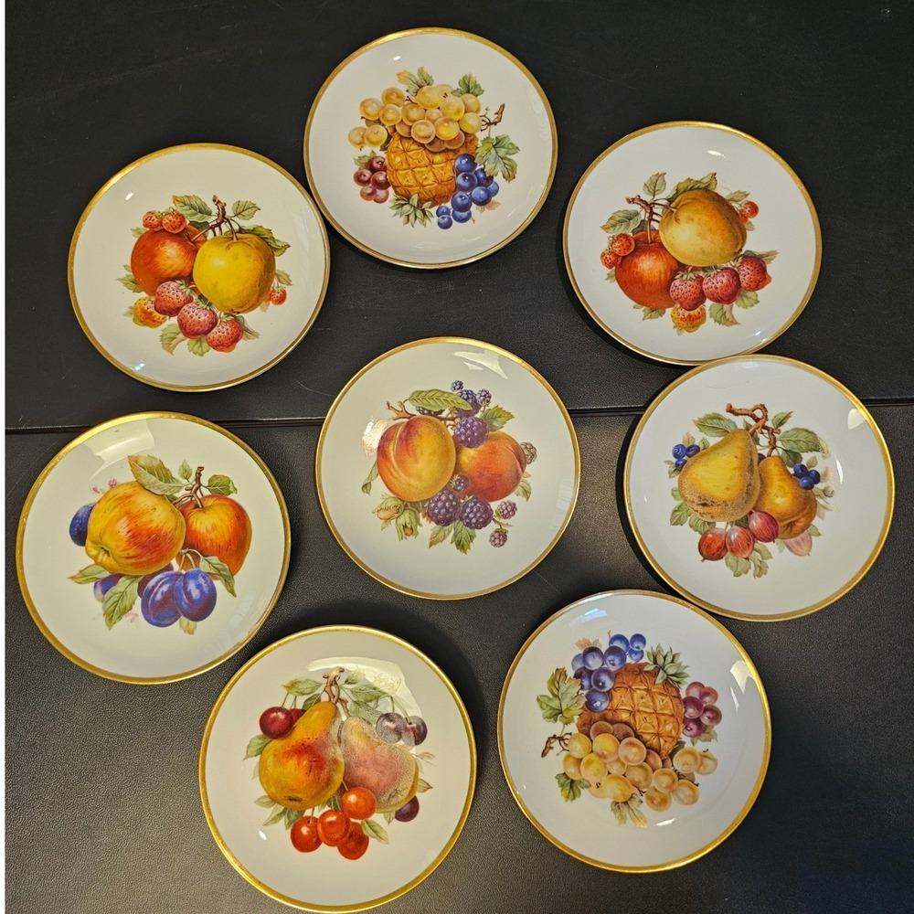 Mitterteich Bavaria Fruit Dessert Plates Set of 8 Gold Trim Germany Vintage